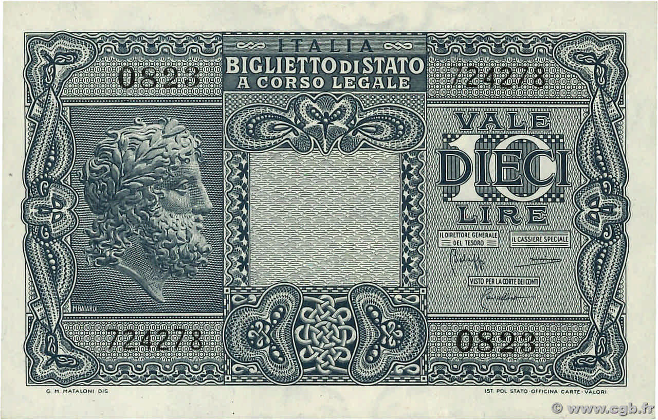 10 Lire ITALIE  1944 P.032c SUP+