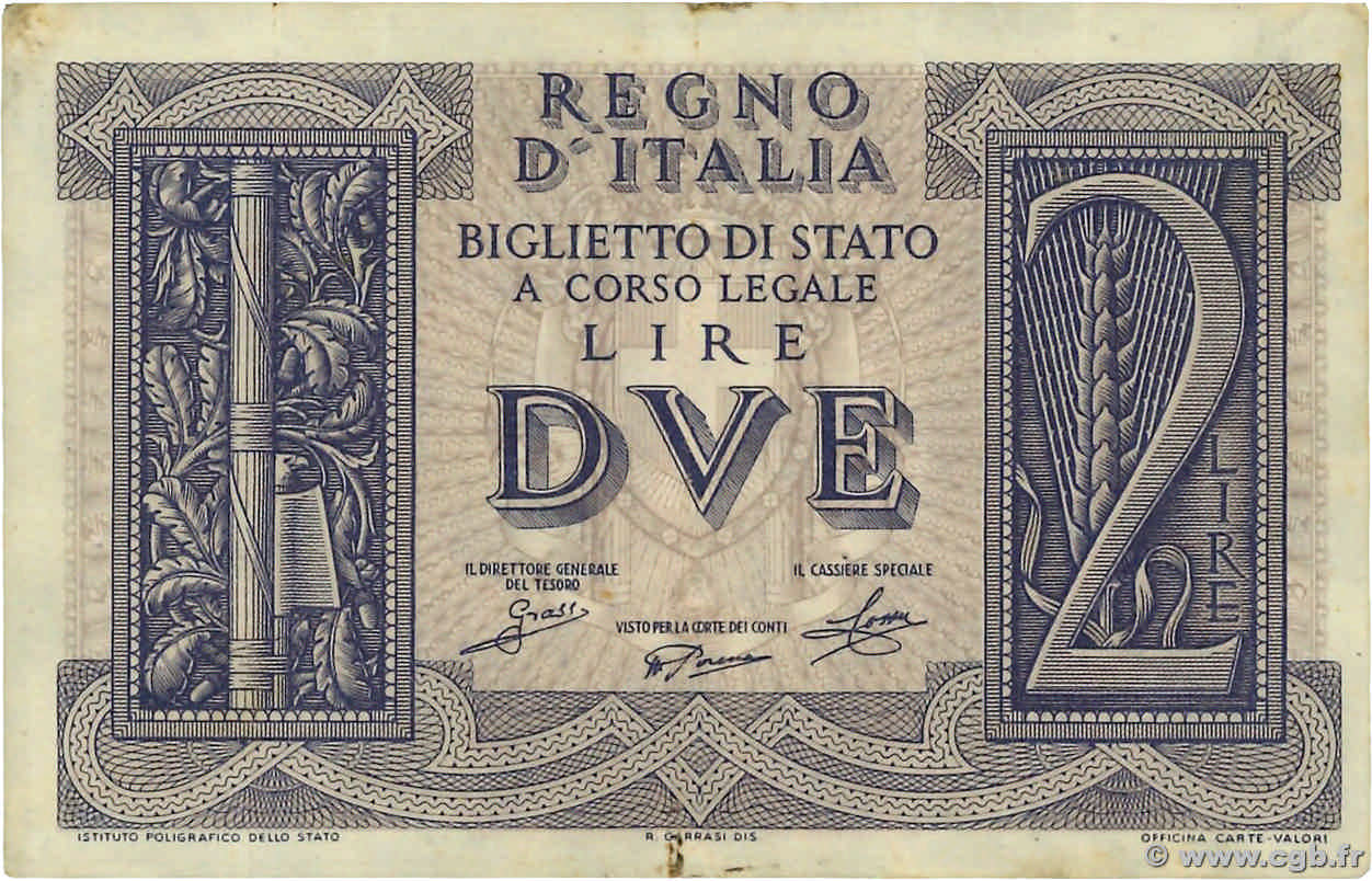 2 Lire ITALIE  1939 P.027 TTB+