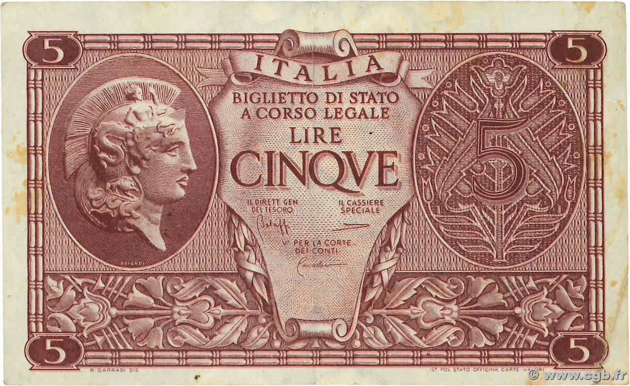 5 Lire ITALIE  1944 P.031c SUP