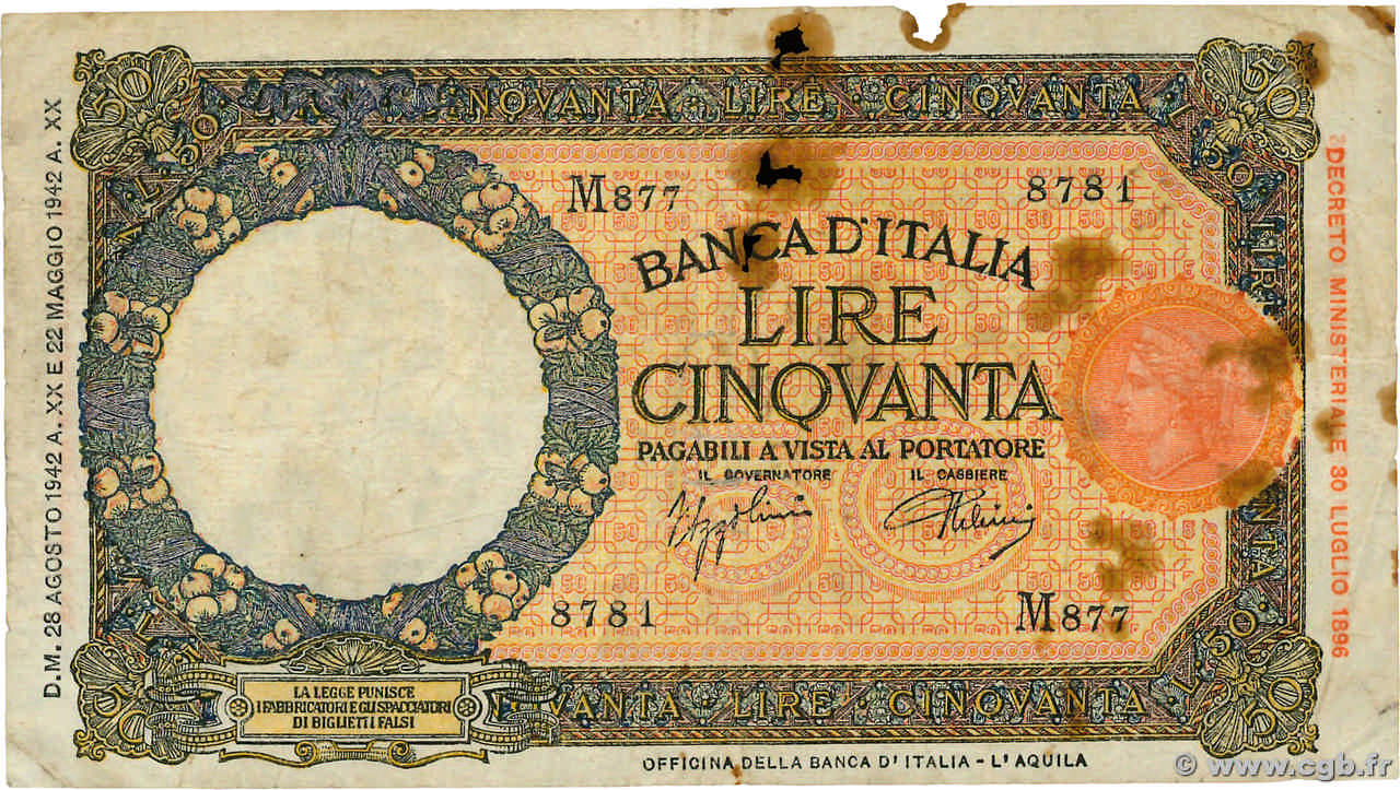 50 Lire ITALIE  1942 P.058 B