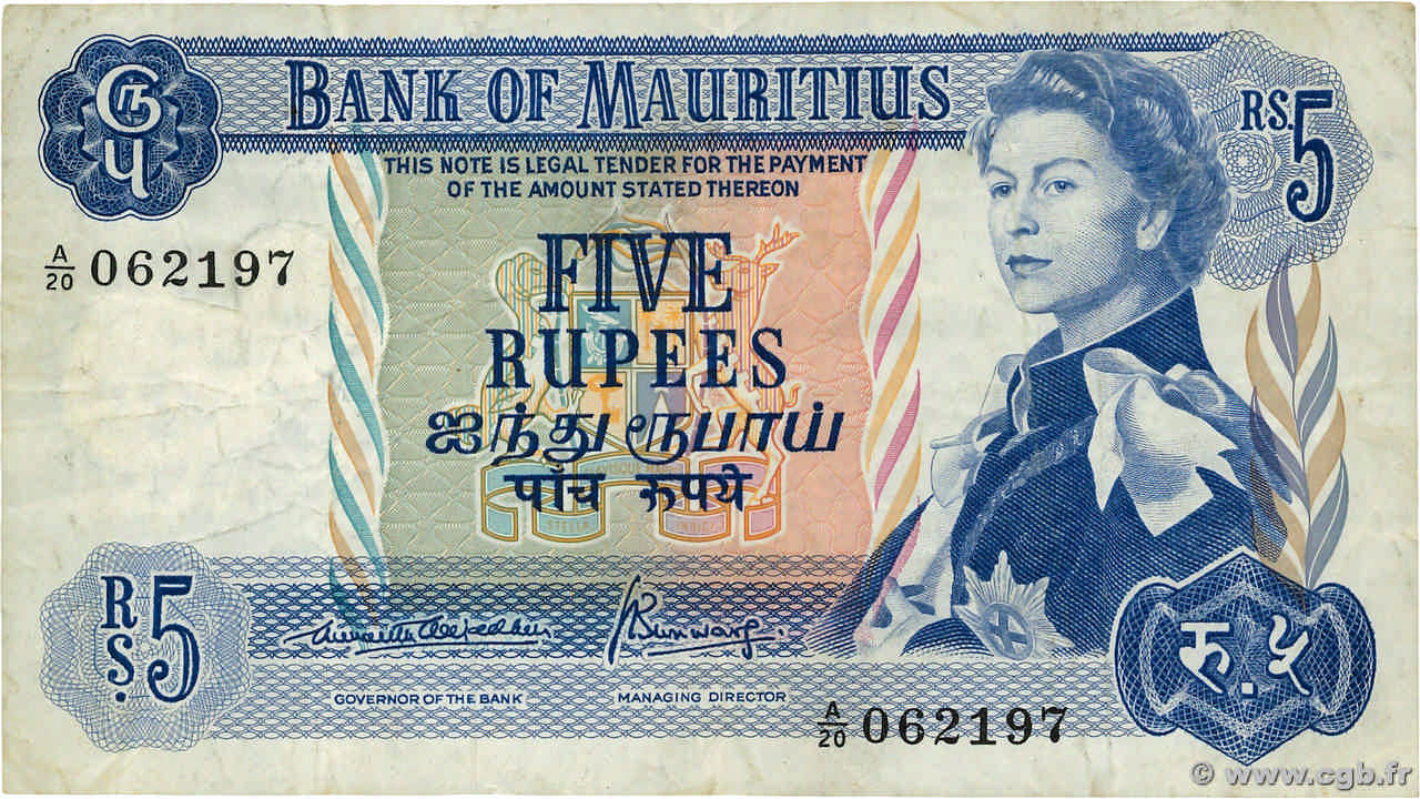 5 Rupees ÎLE MAURICE  1967 P.30b pr.TTB