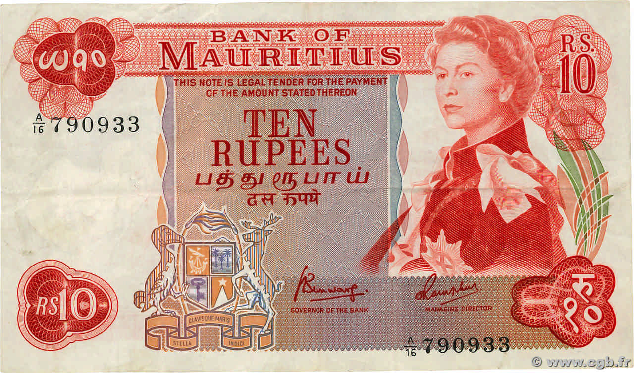 10 Rupees ÎLE MAURICE  1967 P.31c pr.TTB