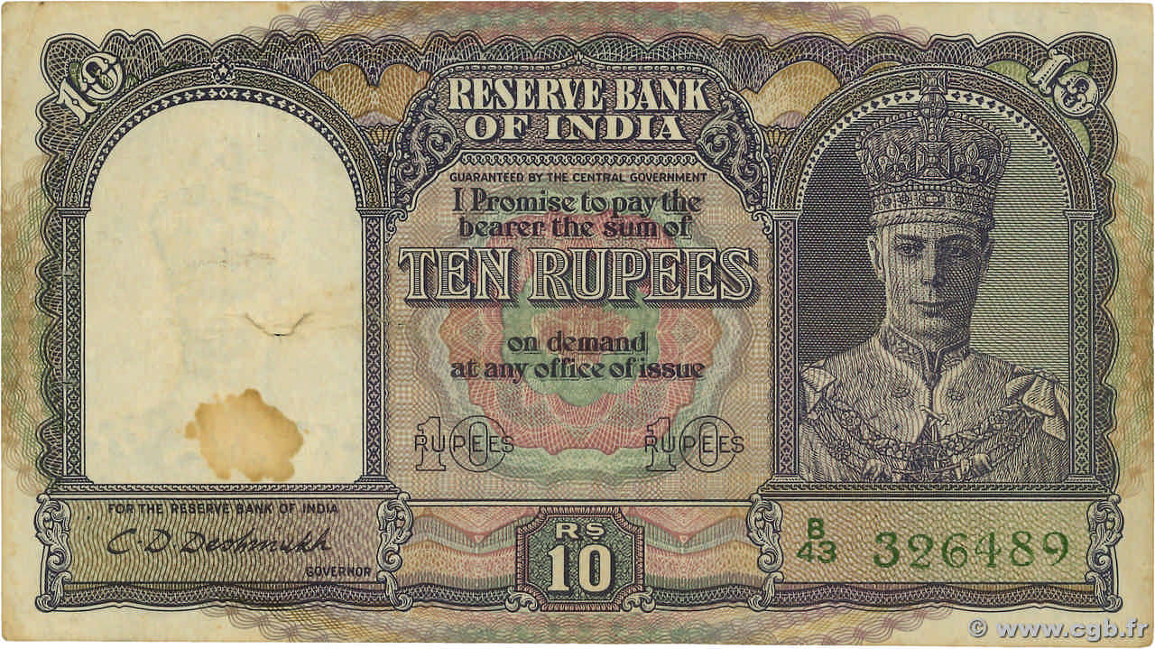 10 Rupees INDE  1943 P.024 TB