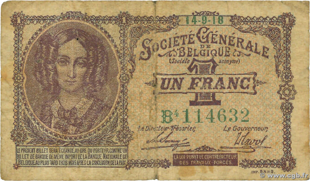 1 Franc BELGIQUE  1918 P.086b B+