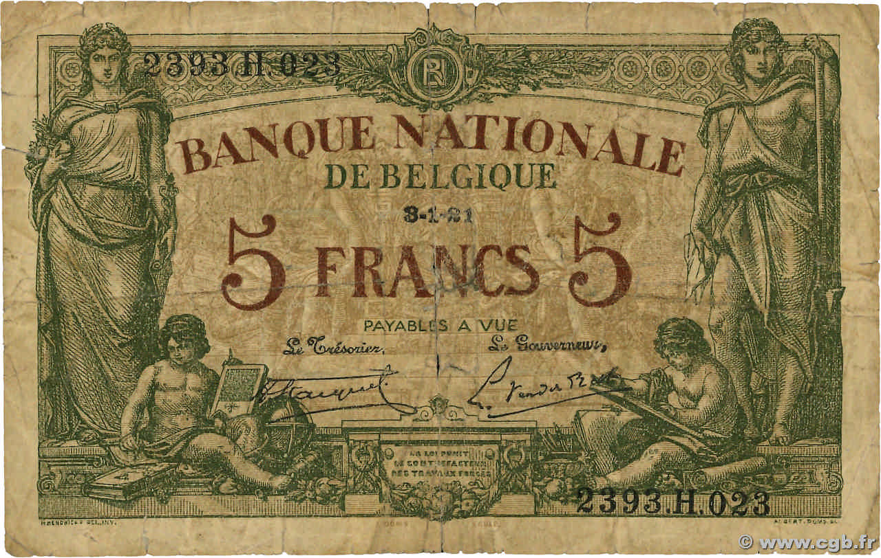 5 Francs BELGIQUE  1921 P.075b B
