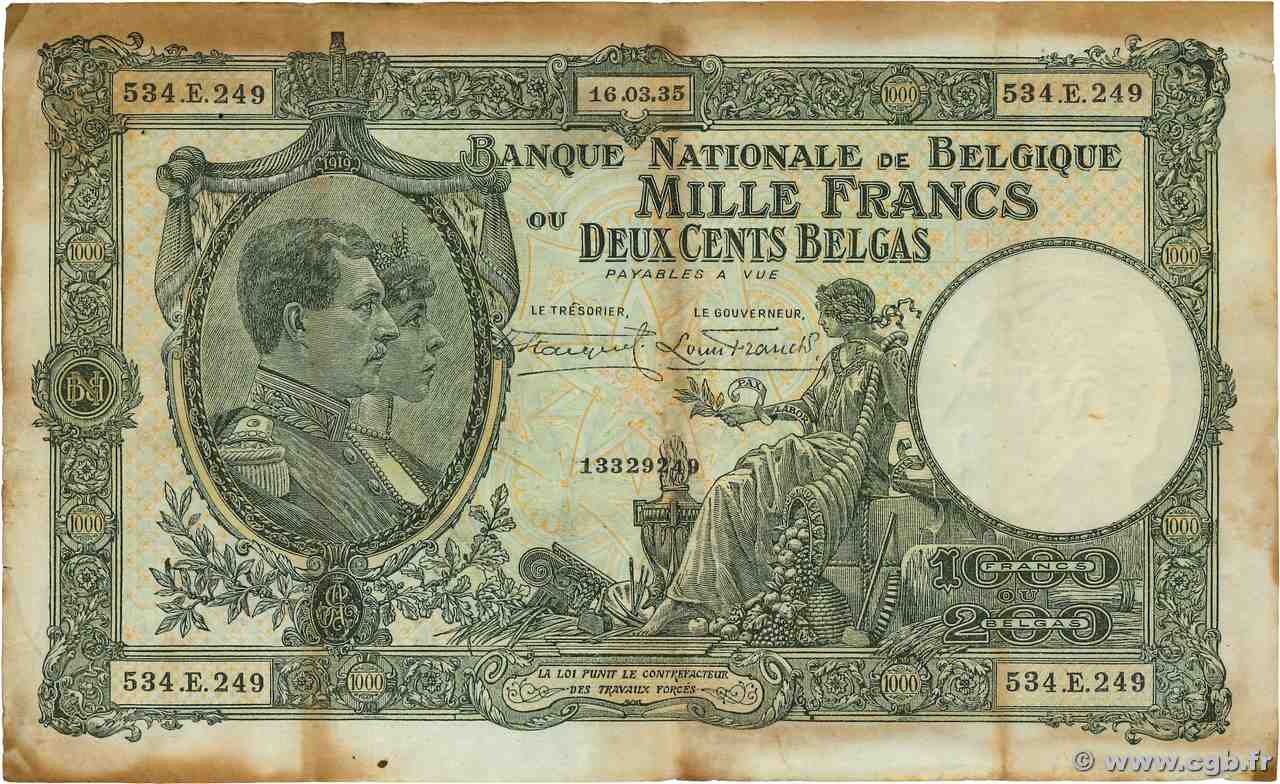 1000 Francs - 200 Belgas BÉLGICA  1935 P.104 RC+