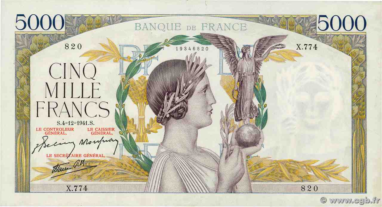 5000 Francs VICTOIRE Impression à plat FRANKREICH  1941 F.46.30 fVZ