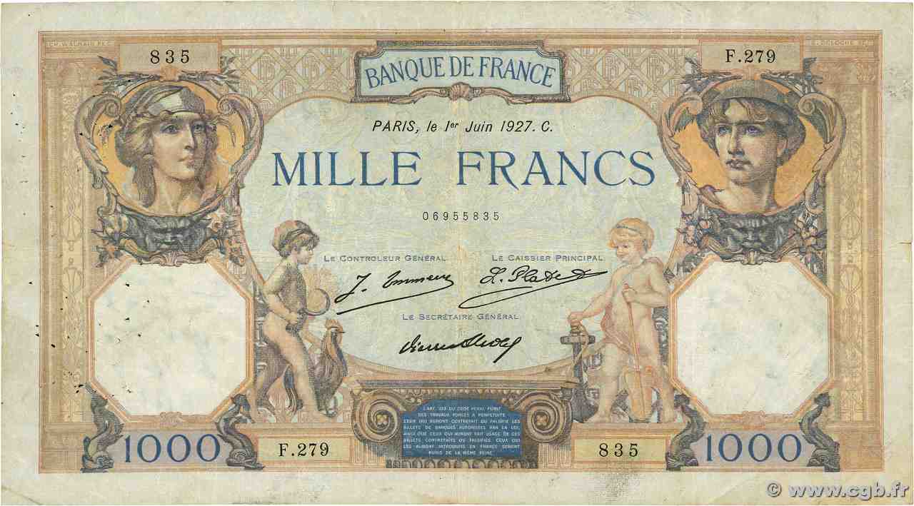 1000 Francs CÉRÈS ET MERCURE FRANCIA  1927 F.37.01 MB