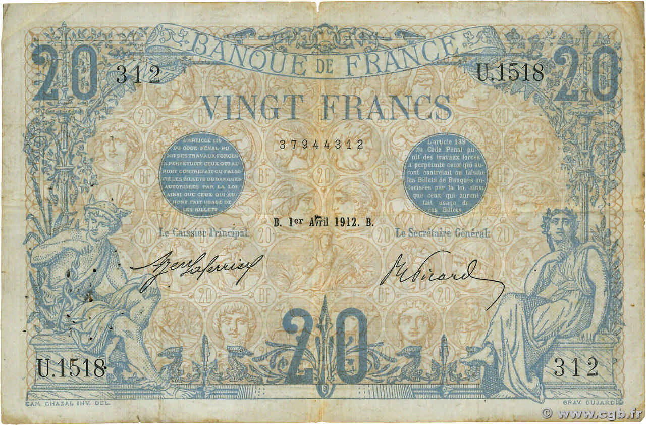 20 Francs BLEU FRANCE  1912 F.10.02 pr.TB