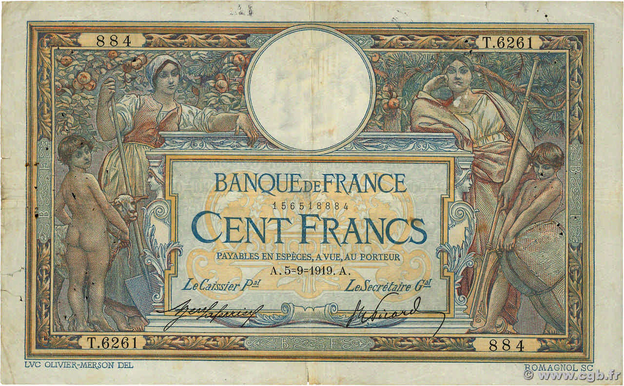100 Francs LUC OLIVIER MERSON sans LOM FRANCE  1919 F.23.11 pr.TB