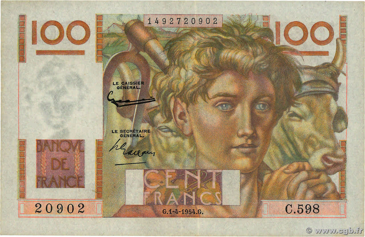 100 Francs JEUNE PAYSAN FRANCE  1954 F.28.43 SUP