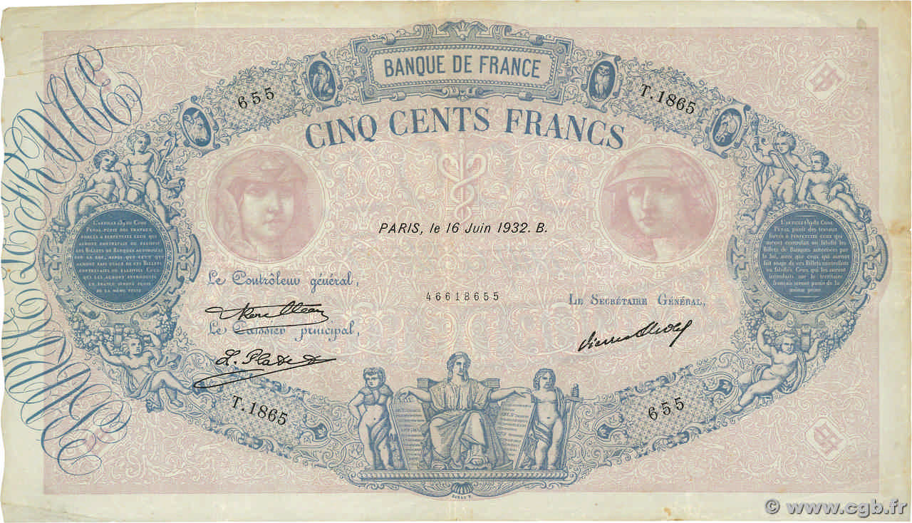 500 Francs BLEU ET ROSE FRANCE 1932 F.30.35