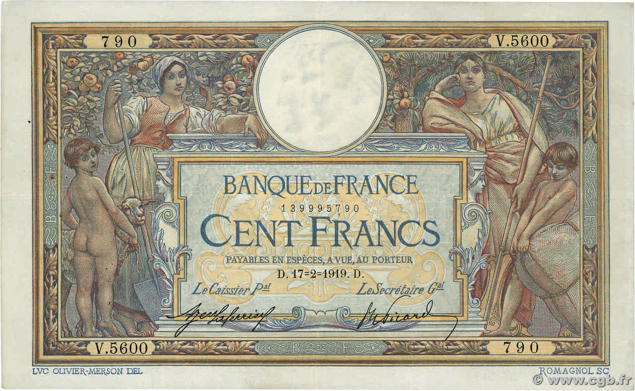 100 Francs LUC OLIVIER MERSON sans LOM FRANKREICH  1919 F.23.11 S