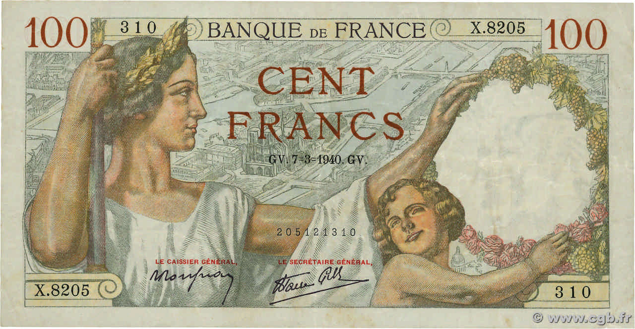 100 Francs SULLY FRANCE  1940 F.26.24 TB+