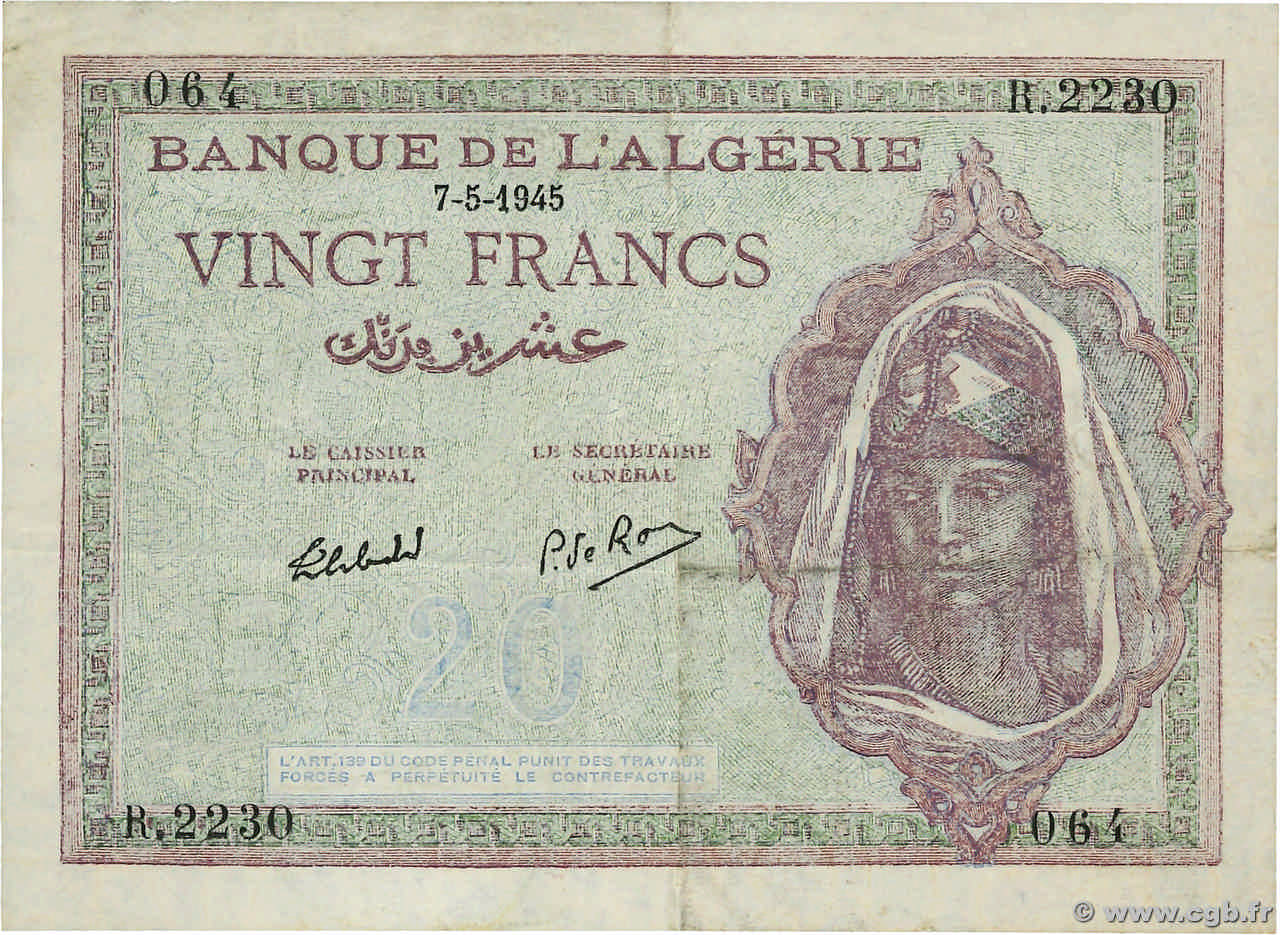20 Francs ALGERIA  1945 P.092b VF