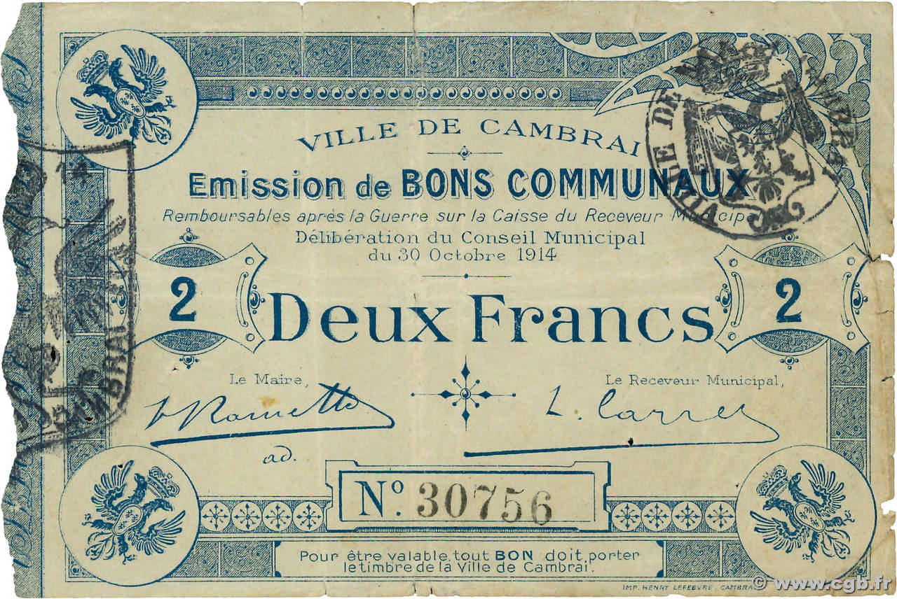 2 Francs FRANCE régionalisme et divers Cambrai 1914 JP.59-0449 TB