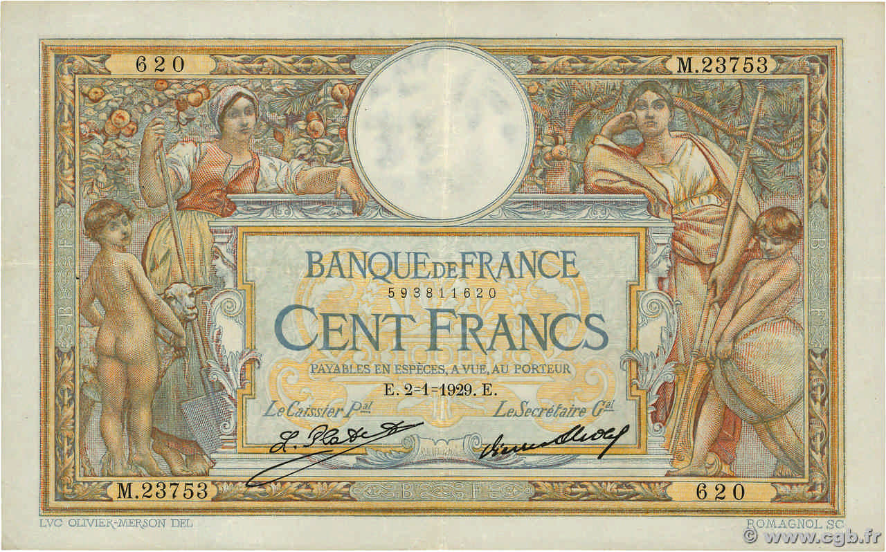 100 Francs LUC OLIVIER MERSON grands cartouches FRANCE  1929 F.24.08 F+