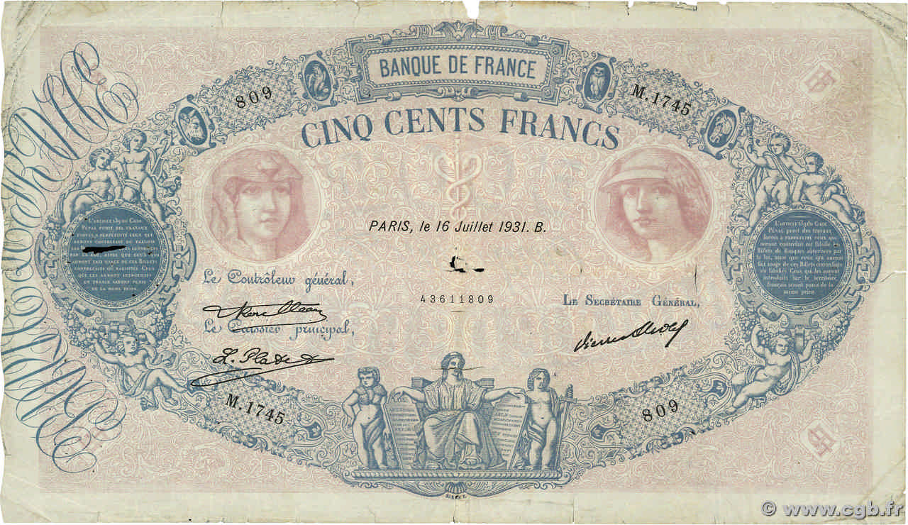 500 Francs BLEU ET ROSE FRANCIA  1931 F.30.34 B
