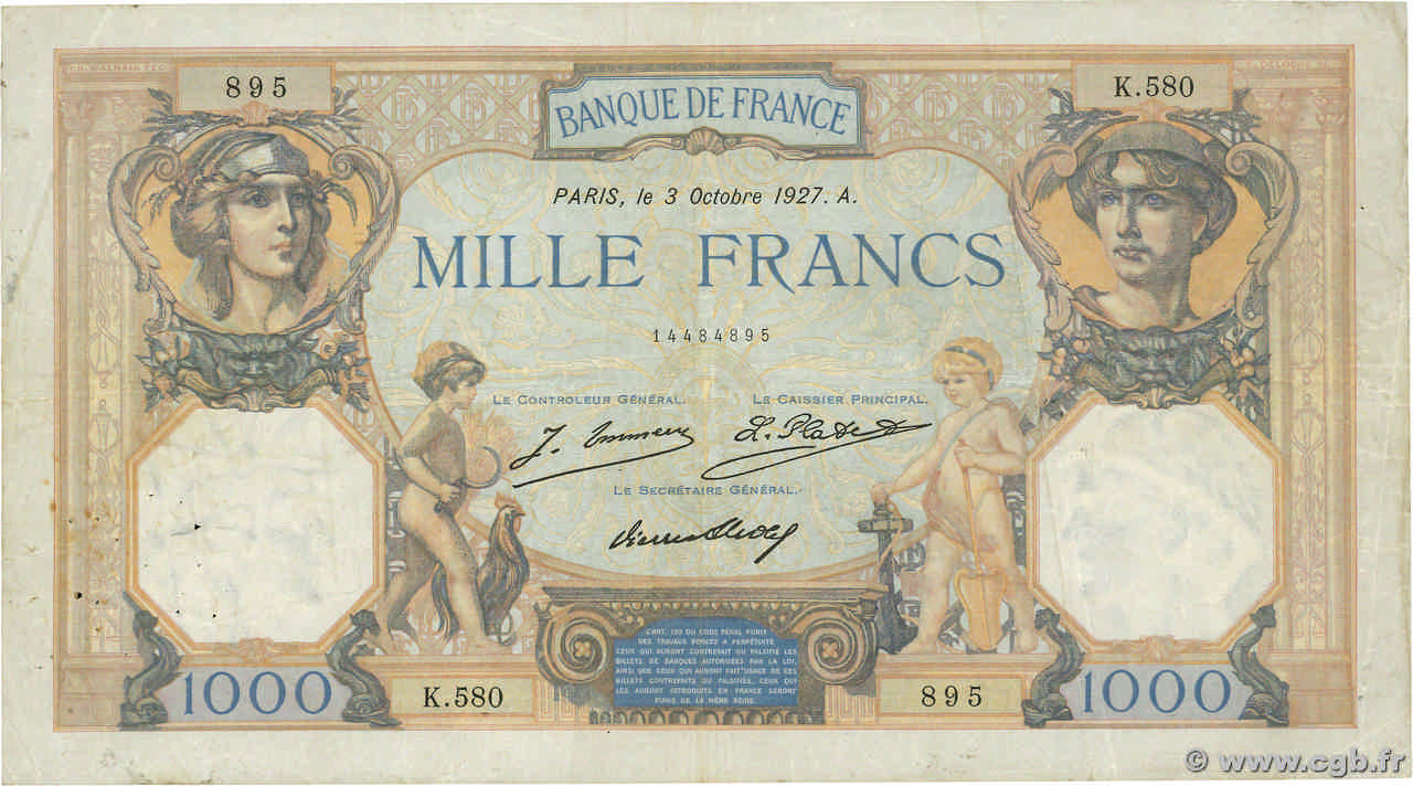 1000 Francs CÉRÈS ET MERCURE FRANCIA  1927 F.37.01 MB