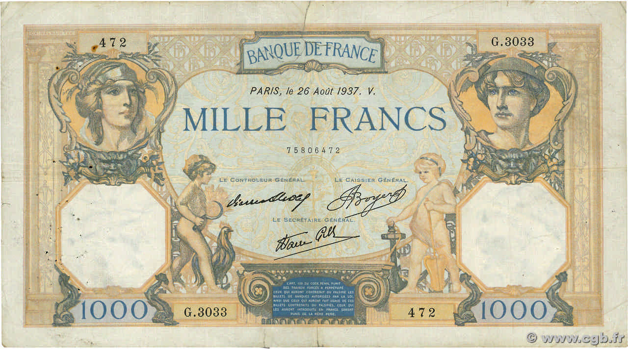 1000 Francs CÉRÈS ET MERCURE type modifié FRANCIA  1937 F.38.03 MB