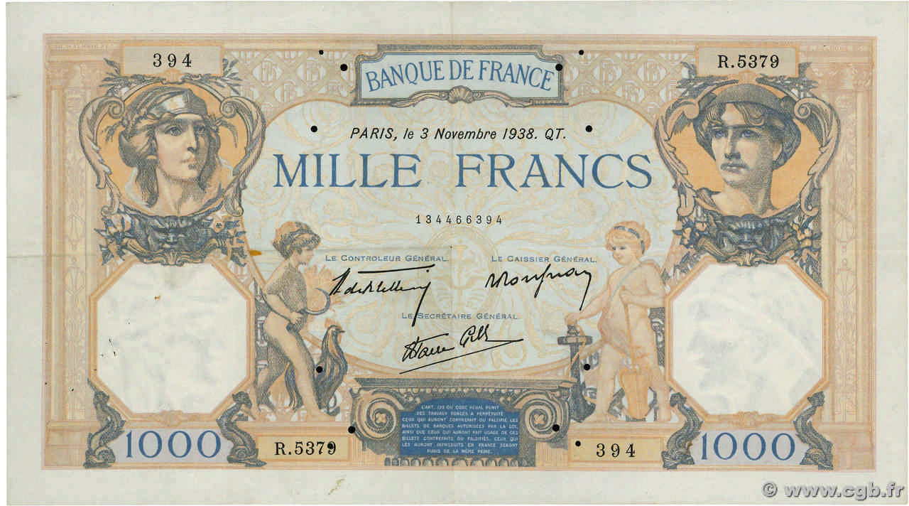 1000 Francs CÉRÈS ET MERCURE type modifié FRANCIA  1938 F.38.32 BB