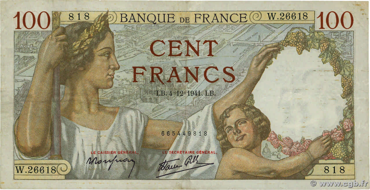 100 Francs SULLY FRANCE  1941 F.26.62 VF