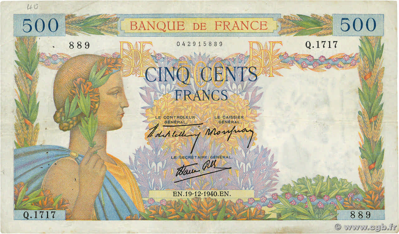 500 Francs LA PAIX FRANCE  1940 F.32.11 TB+