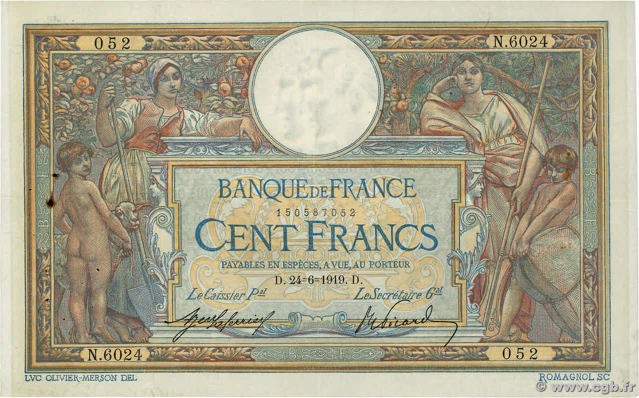 100 Francs LUC OLIVIER MERSON sans LOM FRANCE  1919 F.23.11 TB+