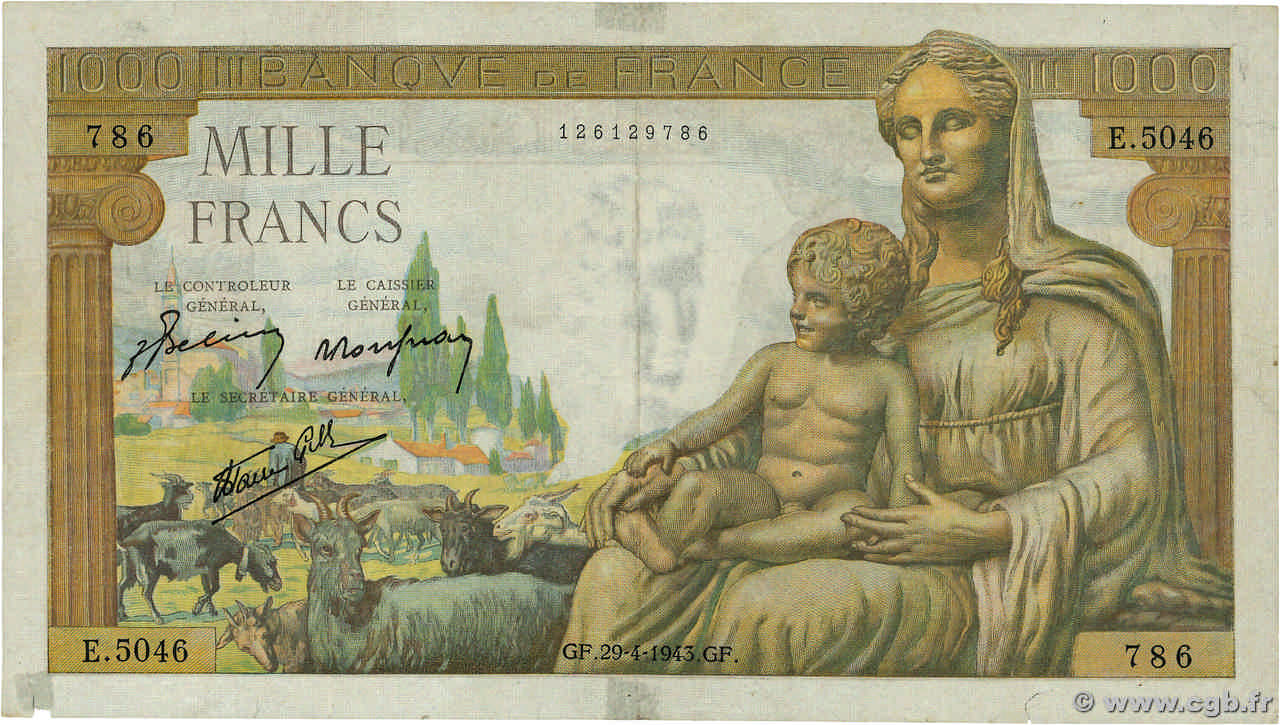 1000 Francs DÉESSE DÉMÉTER FRANCE  1943 F.40.22 TTB