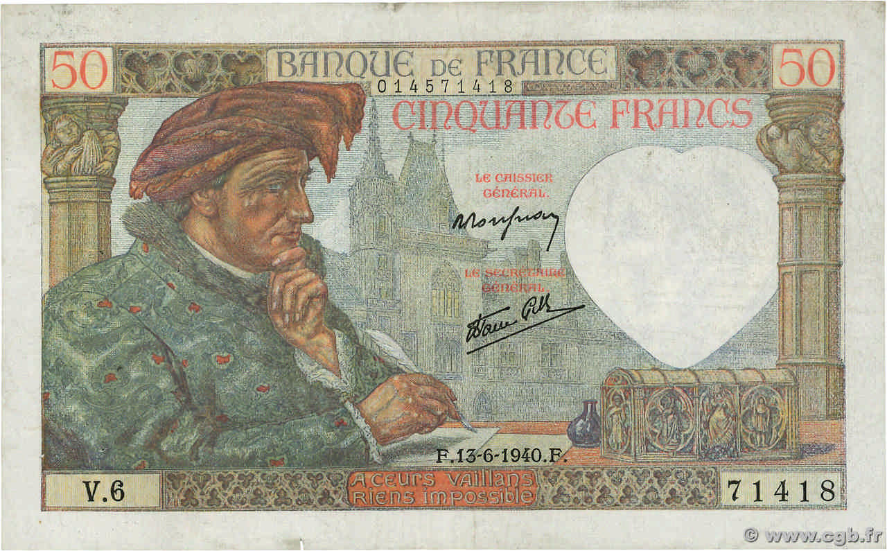 50 Francs JACQUES CŒUR FRANCE  1940 F.19.01 TB+