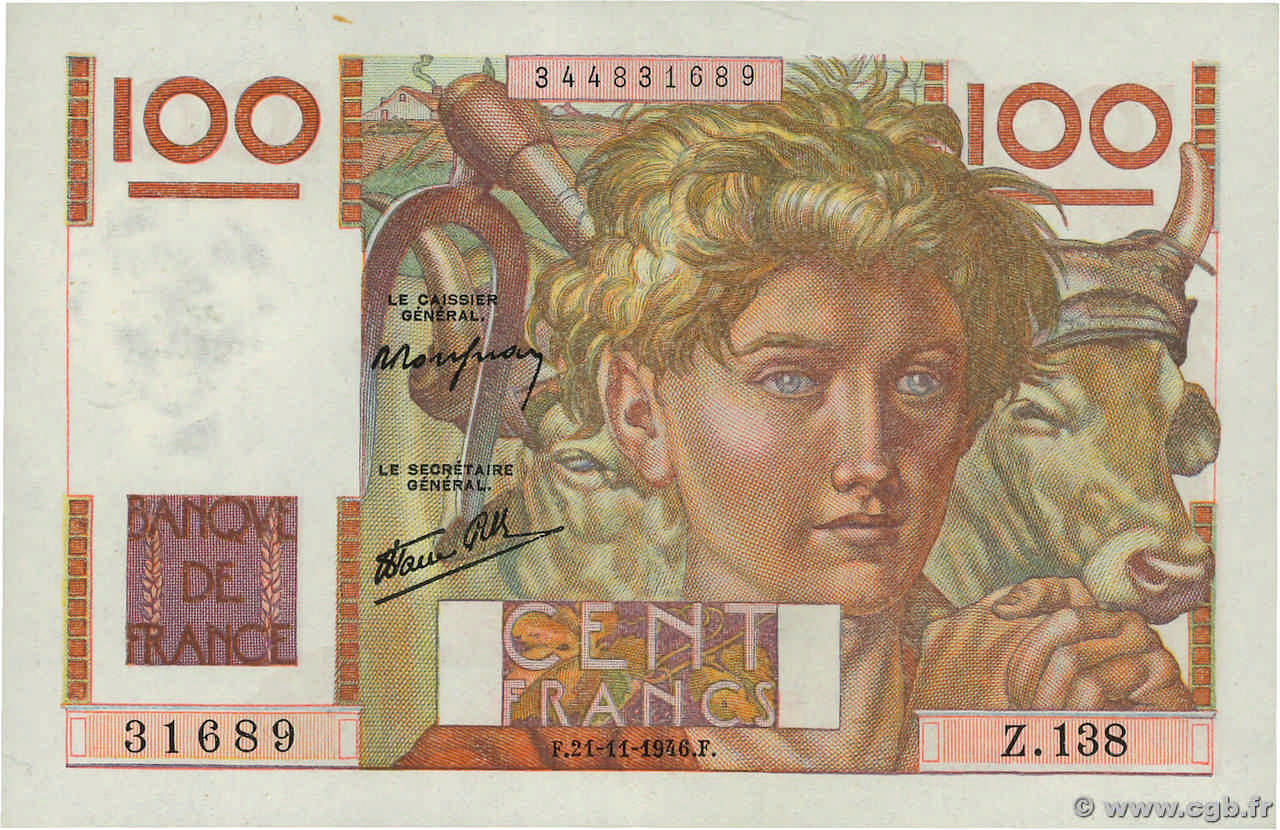 100 Francs JEUNE PAYSAN FRANCE  1946 F.28.11 SPL