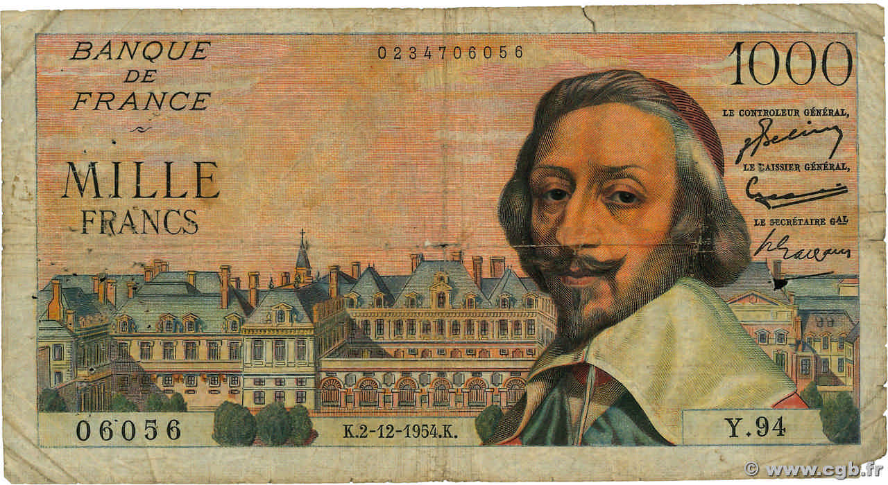 1000 Francs RICHELIEU FRANCE  1954 F.42.09 pr.B