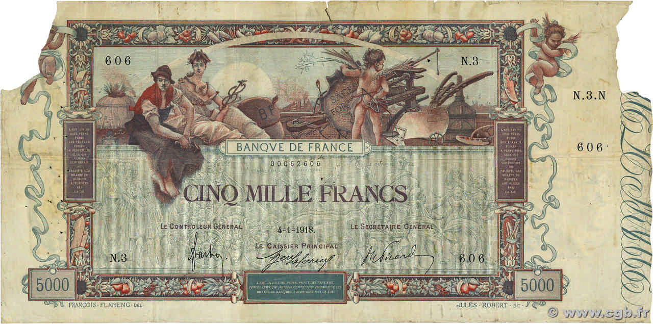 5000 Francs FLAMENG FRANCE 1918 F.43.01