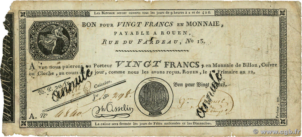 20 Francs Annulé FRANCE Rouen 1803 PS.245b B