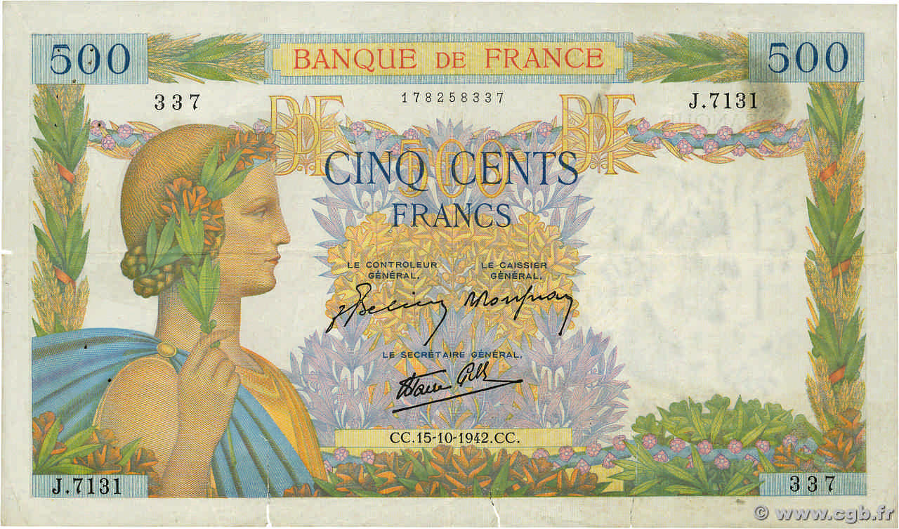 500 Francs LA PAIX FRANCE  1942 F.32.42 pr.TTB
