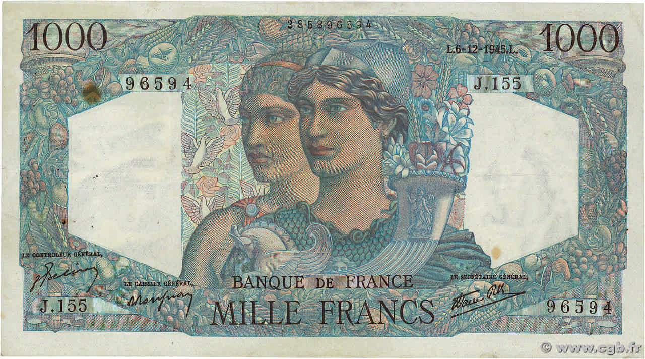 1000 Francs MINERVE ET HERCULE FRANCE  1945 F.41.09 TTB