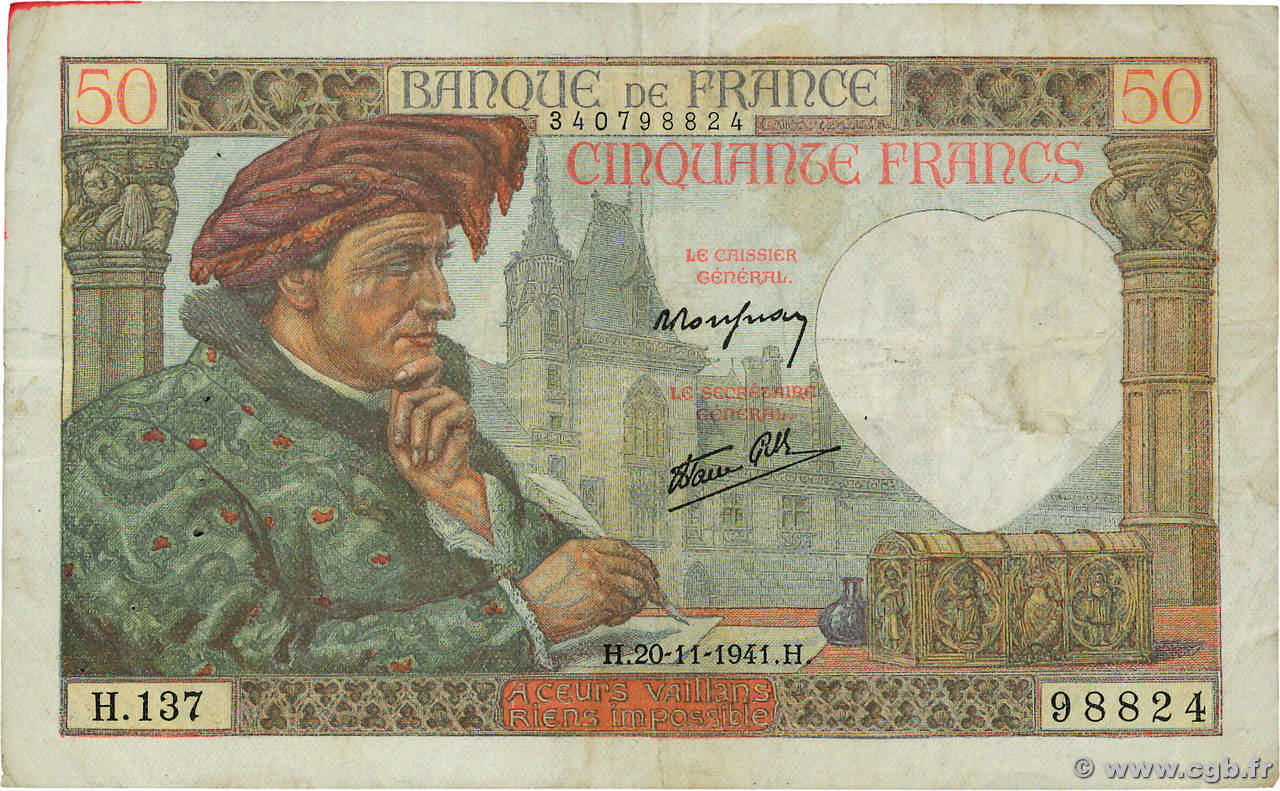 50 Francs JACQUES CŒUR FRANCE  1941 F.19.16 TB+