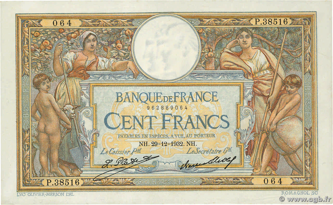 100 Francs LUC OLIVIER MERSON grands cartouches FRANCE  1932 F.24.11 TTB+