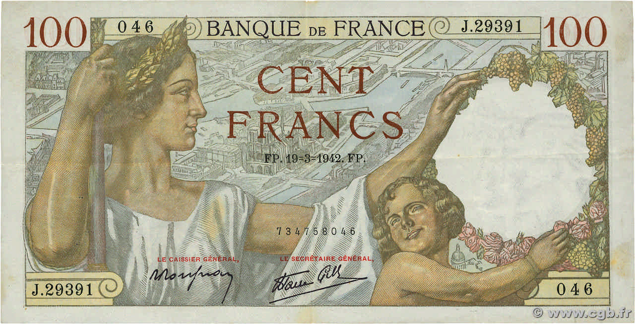100 Francs SULLY FRANCE  1942 F.26.68 TTB