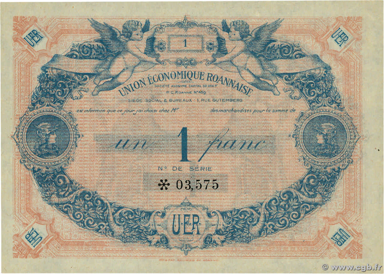 1 Franc FRANCE regionalism and miscellaneous Roanne 1920  UNC