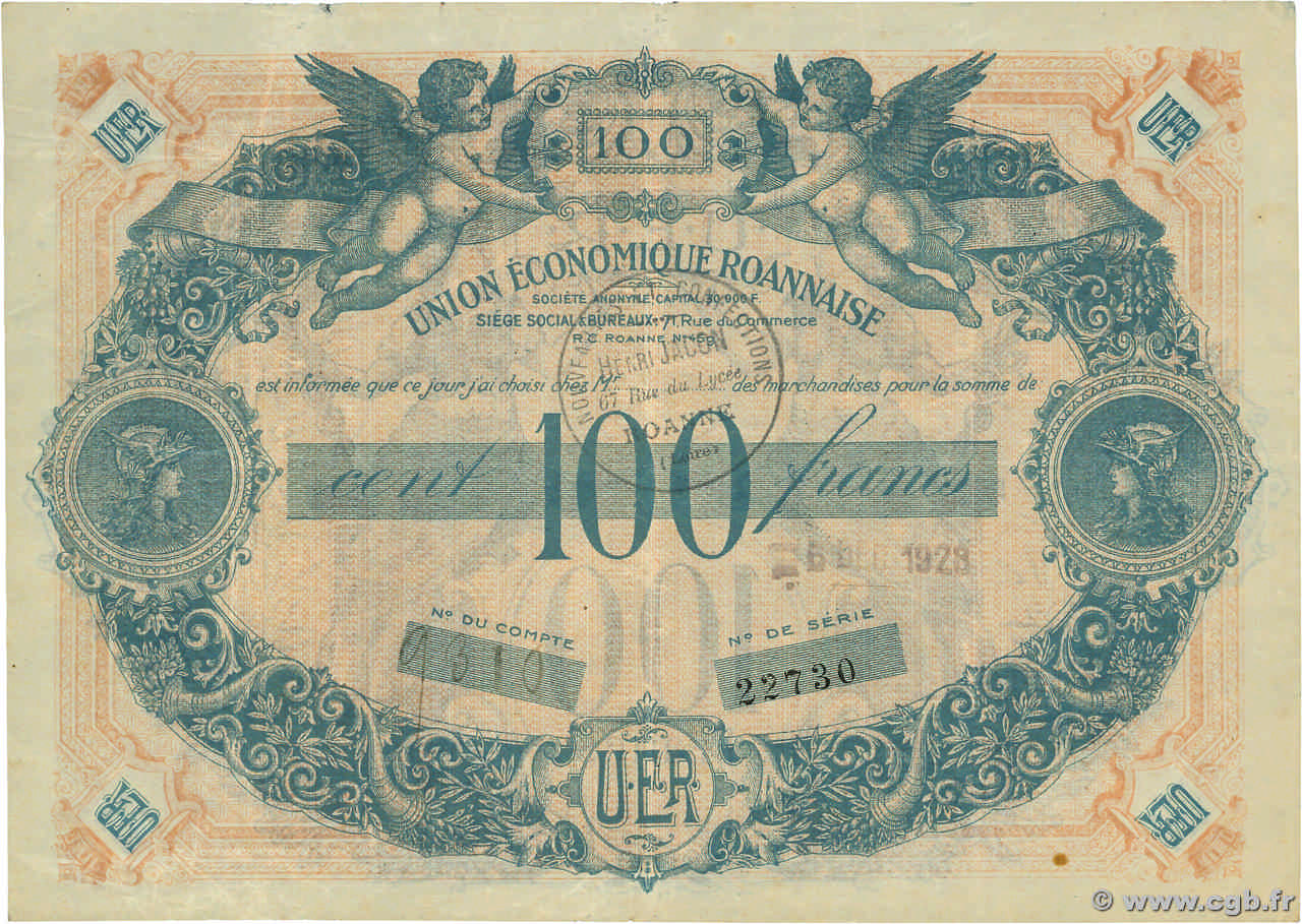 100 Francs FRANCE régionalisme et divers Roanne 1929  pr.SUP