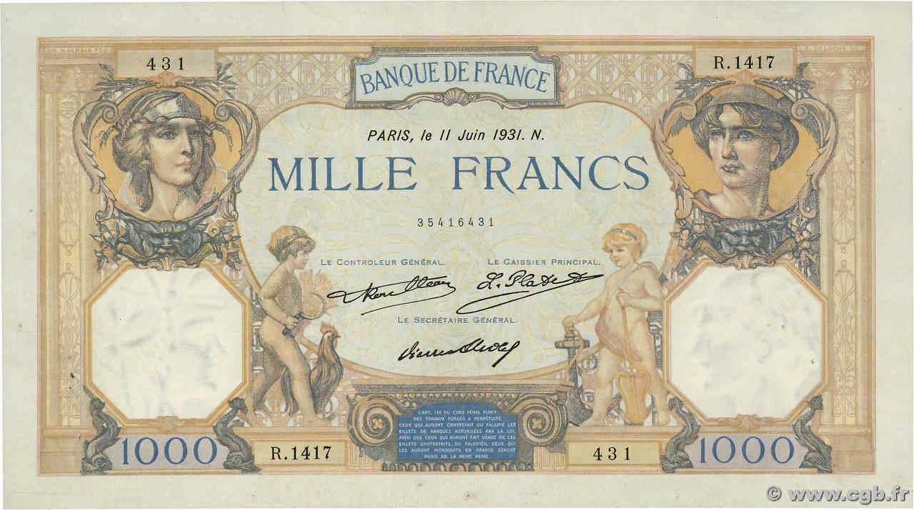 1000 Francs CÉRÈS ET MERCURE FRANCE  1931 F.37.06 pr.SUP