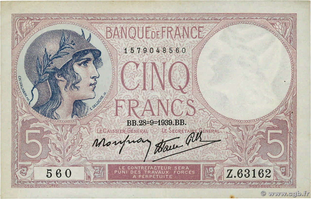 5 Francs FEMME CASQUÉE modifié FRANCE  1939 F.04.10 SUP