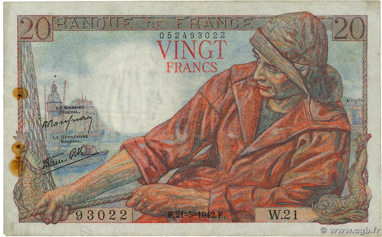 20 Francs PÊCHEUR FRANCE  1942 F.13.02 TB+