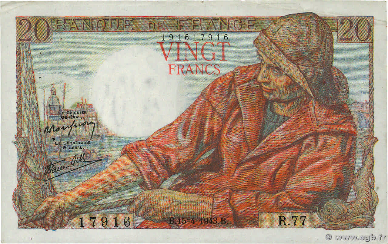 20 Francs PÊCHEUR FRANCE  1943 F.13.06 SUP