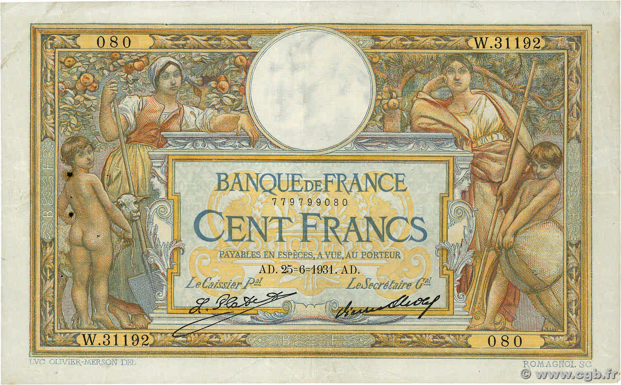 100 Francs LUC OLIVIER MERSON grands cartouches FRANCE  1931 F.24.10 pr.TTB