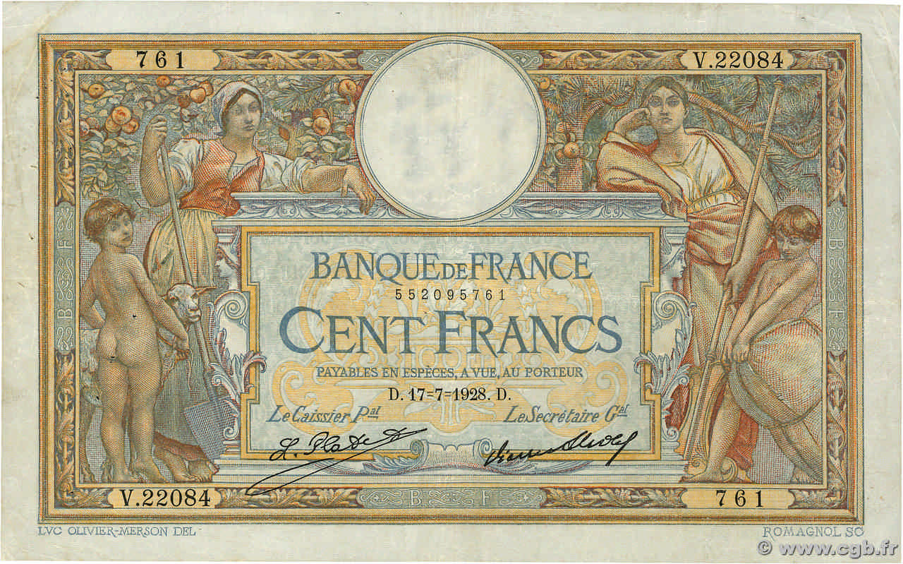 100 Francs LUC OLIVIER MERSON grands cartouches FRANCE  1928 F.24.07 TB+