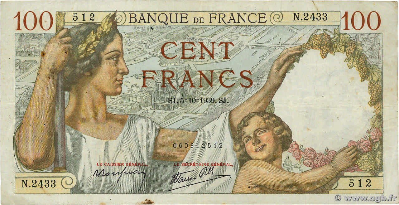 100 Francs SULLY FRANCE  1939 F.26.09 TB+