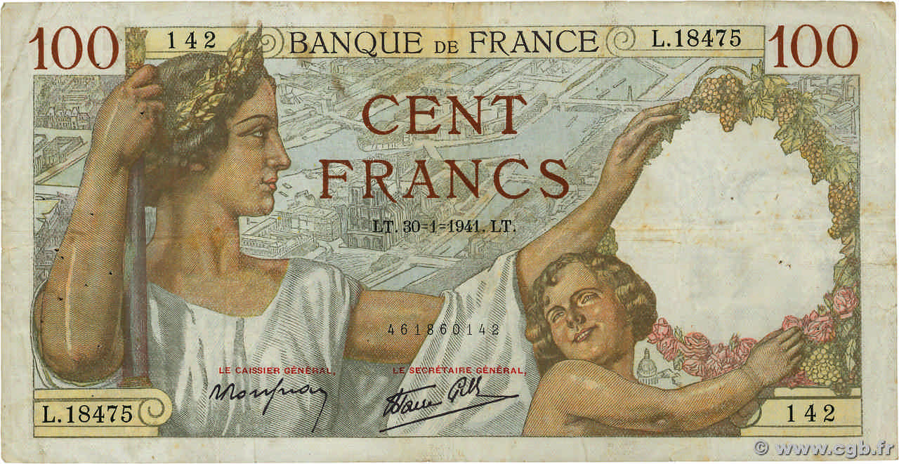 100 Francs SULLY FRANCE  1941 F.26.45 TB