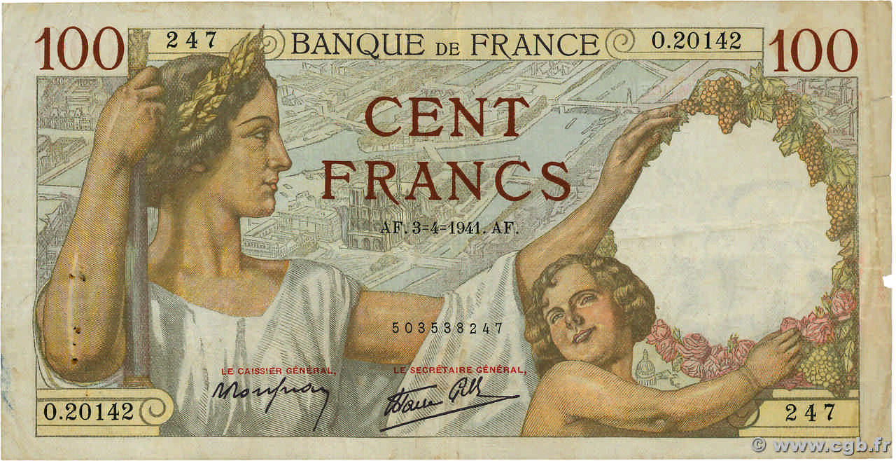 100 Francs SULLY FRANCE  1941 F.26.49 TB